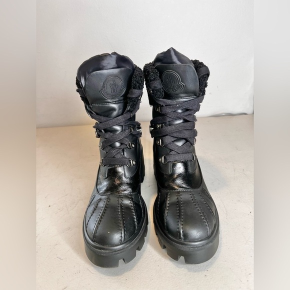 Moncler High (3-3.9 in) Heel Height Boots for Women for sale  Moncler Corinne Leather And Faux Shearling Trimmed Black Boots Size 9